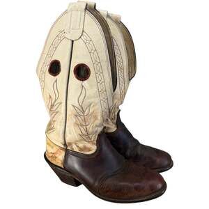 VTG Olathe Boot Company Buckaroo Tall Cowboy Boots Mens 10 D Brown Cream Western